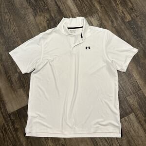 UNDER ARMOUR Polo Golf Shirt Mens 2XL White Loose Fit Heat Gear Black Trim